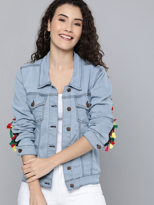 HERE&NOW Women Solid Tasseled Denim Jacket