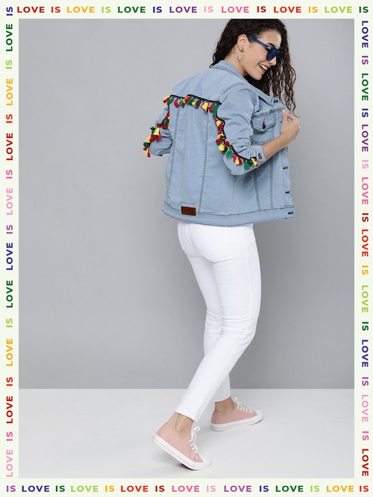 HERE&NOW Women Solid Tasseled Denim Jacket