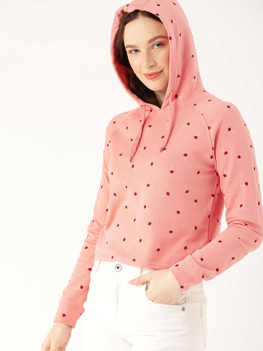 DressBerry Women Printed Hooded Cropped Pullover Sweatshirt