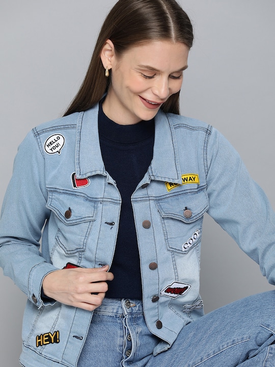 HERE&NOW Women Washed Denim Jacket with Applique Detail