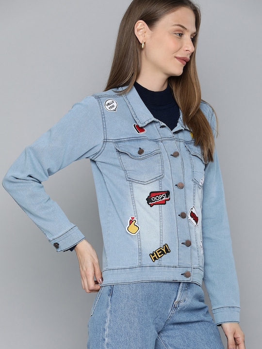 HERE&NOW Women Washed Denim Jacket with Applique Detail