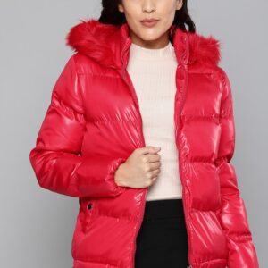 HERE&NOW Women Solid Windcheater Hooded Puffer Jacket