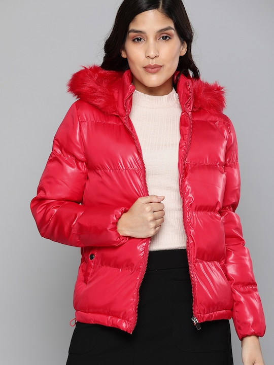 HERE&NOW Women Solid Windcheater Hooded Puffer Jacket