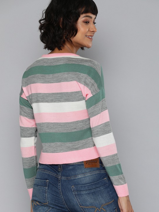 HERE&NOW Women Striped Cropped Acrylic Sweater