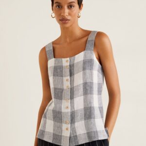 MANGO Women Linen Checked Top