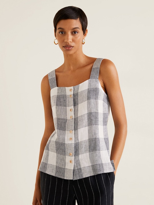 MANGO Women Linen Checked Top