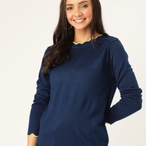 DressBerry Women Solid Scalloped Hem Pullover Sweater