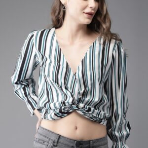 HERE&NOW Women Striped Cropped Blouson Top