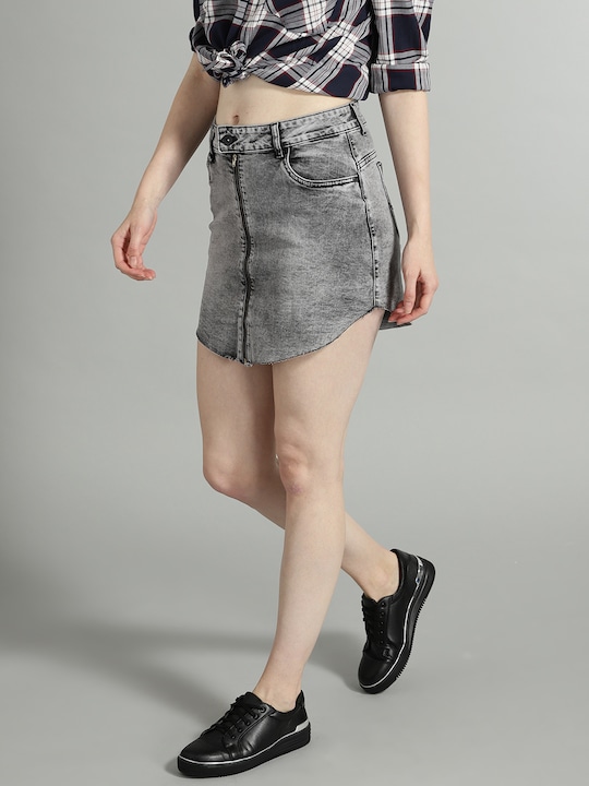 Roadster Women Washed Denim Straight Skirt