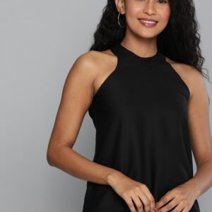 HERE&NOW Women Black Solid Top With Lace Inserts