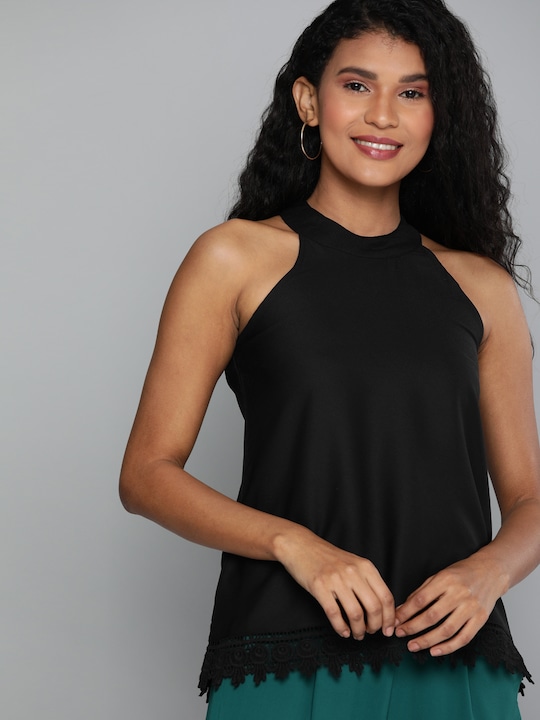 HERE&NOW Women Black Solid Top With Lace Inserts