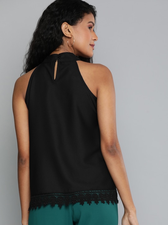 HERE&NOW Women Black Solid Top With Lace Inserts