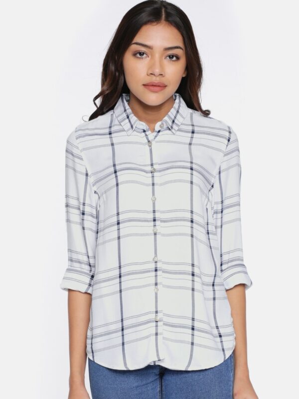 Allen Solly Woman Women White & Blue Regular Fit Checked Casual Shirt