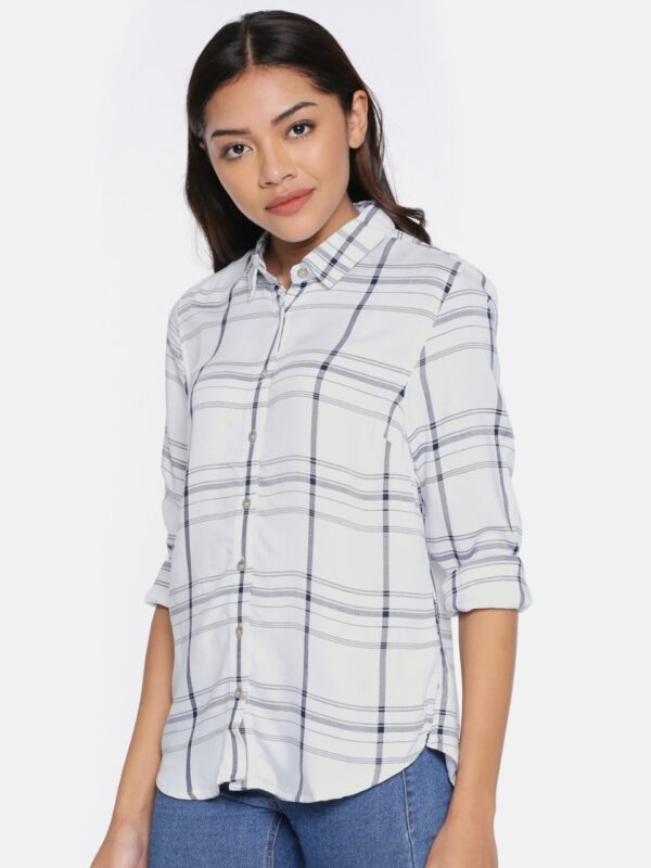 Allen Solly Woman Women White & Blue Regular Fit Checked Casual Shirt