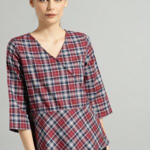 Roadster Women Red & Blue Checked Wrap Pure Cotton Top