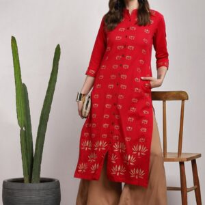 Sangria Women Printed Band Collar Straight Kurta