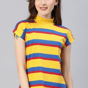 HERE&NOW Women Striped Turtle Neck Pure Cotton T-shirt