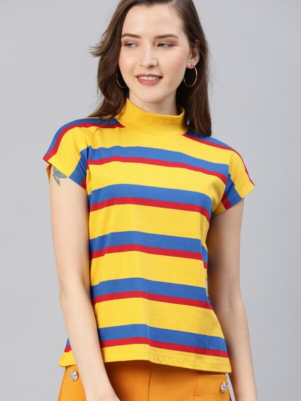 HERE&NOW Women Striped Turtle Neck Pure Cotton T-shirt