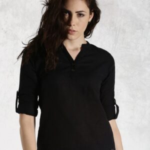 Roadster Black Pure Cotton Top With Roll-Up Sleeves