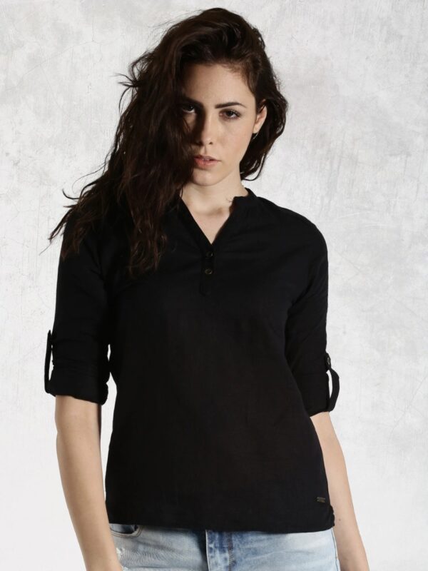 Roadster Black Pure Cotton Top With Roll-Up Sleeves