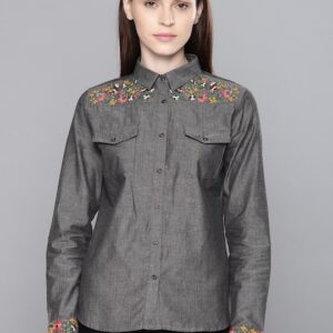 Chemistry Women Regular Fit Embroidered Chambray Casual Shirt