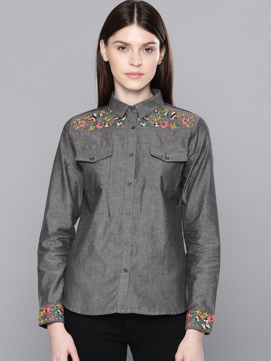 Chemistry Women Regular Fit Embroidered Chambray Casual Shirt