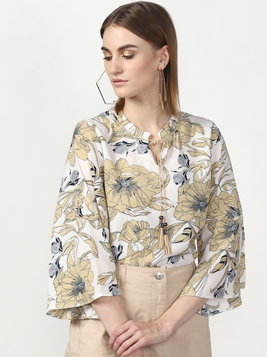 Miss Bennett Women Off-White Printed Blouson Top