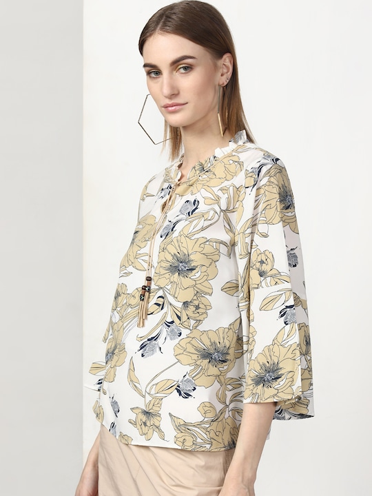 Miss Bennett Women Off-White Printed Blouson Top