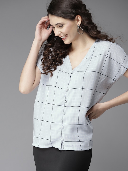 HERE&NOW Women Grey & Black Checked Boxy Top