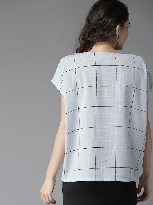 HERE&NOW Women Grey & Black Checked Boxy Top