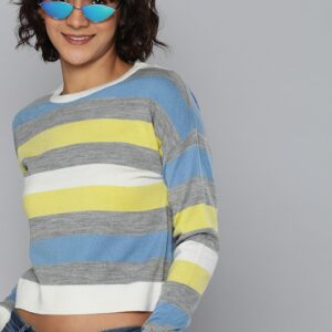 HERE&NOW Women Striped Cropped Acrylic Pullover