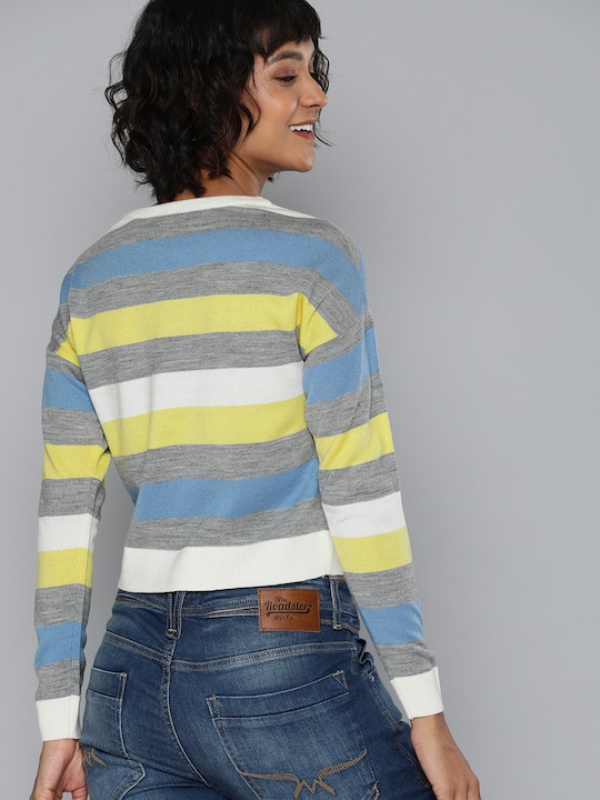 HERE&NOW Women Striped Cropped Acrylic Pullover