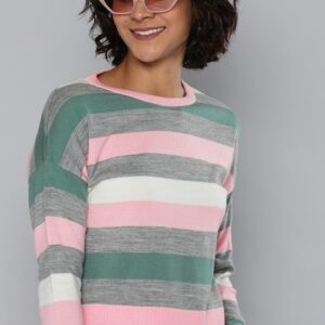 HERE&NOW Women Striped Cropped Acrylic Sweater