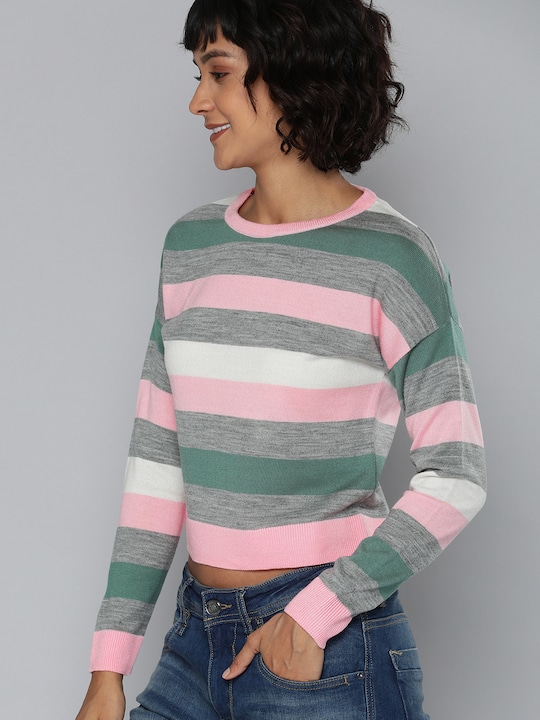 HERE&NOW Women Striped Cropped Acrylic Sweater