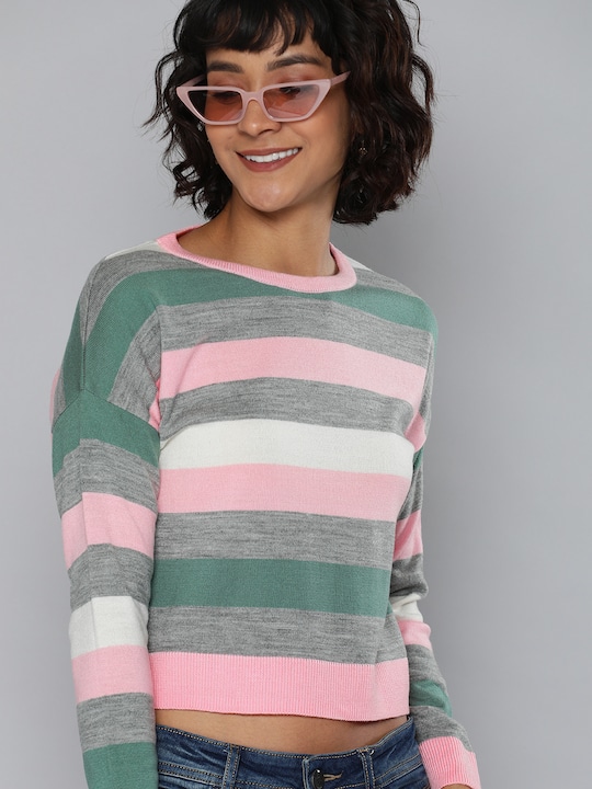 HERE&NOW Women Striped Cropped Acrylic Sweater