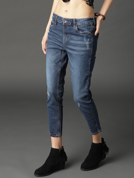 Roadster Women Skinny Fit Mid-Rise Low Distress Stretchable Cropped Jeans