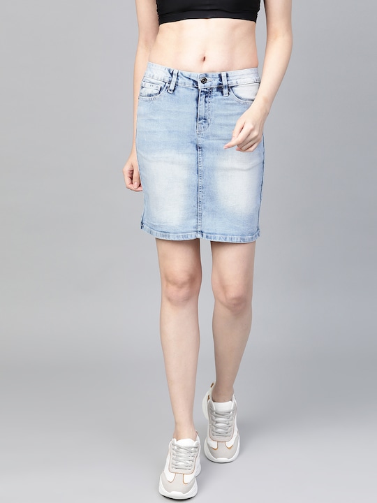 Roadster Women Washed Denim Straight Skirt