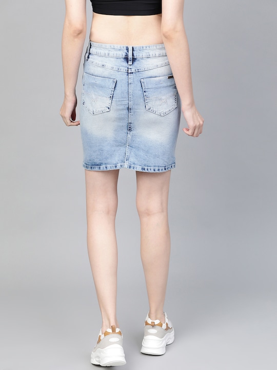 Roadster Women Washed Denim Straight Skirt