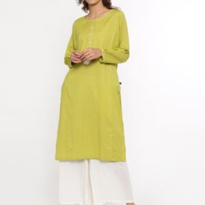 De Moza Women Lime Green Solid Straight Kurta