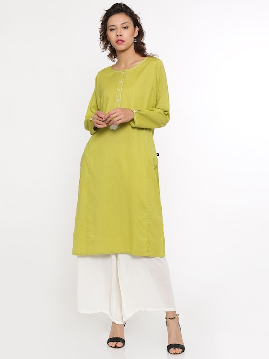 De Moza Women Lime Green Solid Straight Kurta