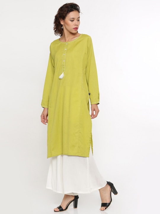 De Moza Women Lime Green Solid Straight Kurta