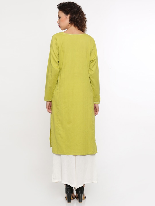 De Moza Women Lime Green Solid Straight Kurta