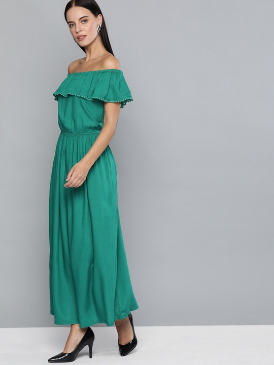 HERE&NOW Women Green Solid Maxi Dress