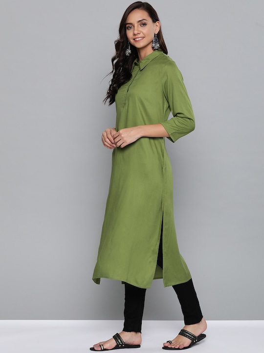 HERE&NOW Women Green Solid Straight Kurta