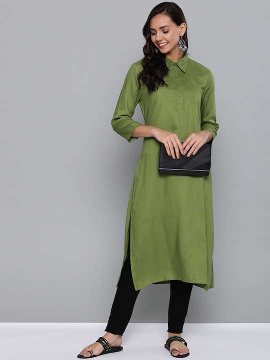 HERE&NOW Women Green Solid Straight Kurta