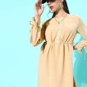 Moda Rapido Boat Neck Bell Sleeves Dobby Tie-Ups Fit & Flare Dress