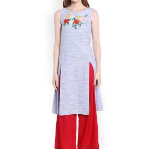 Fusion Beats Women Blue Woven Design A-Line Kurta