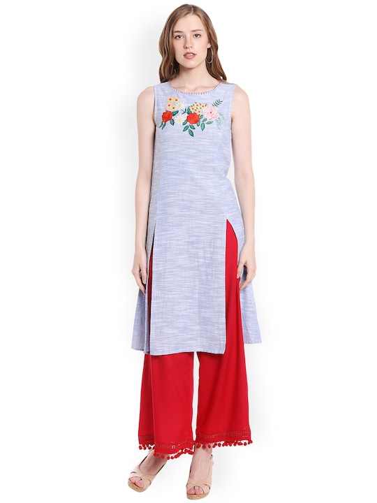 Fusion Beats Women Blue Woven Design A-Line Kurta