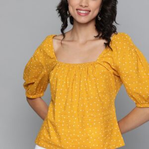 HERE&NOW Polka Dot Print Puff Sleeves Pure Cotton Regular Top