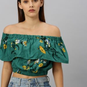 HERE&NOW Women Floral Printed Layered Cropped Bardot Top